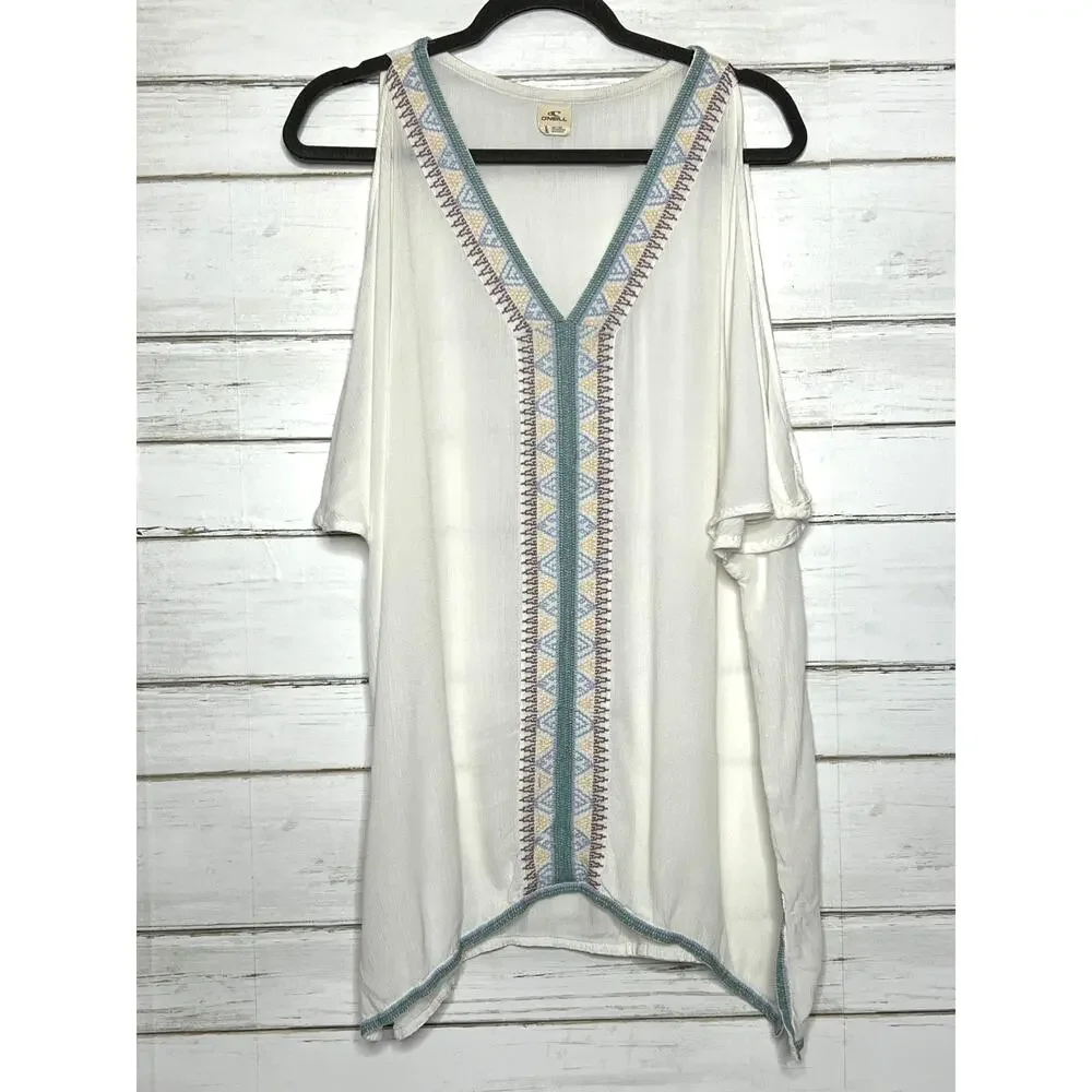 O’Neill Boho Tunic Top Small Ivory Embroidered V Neck Flowy Beach Cover Up